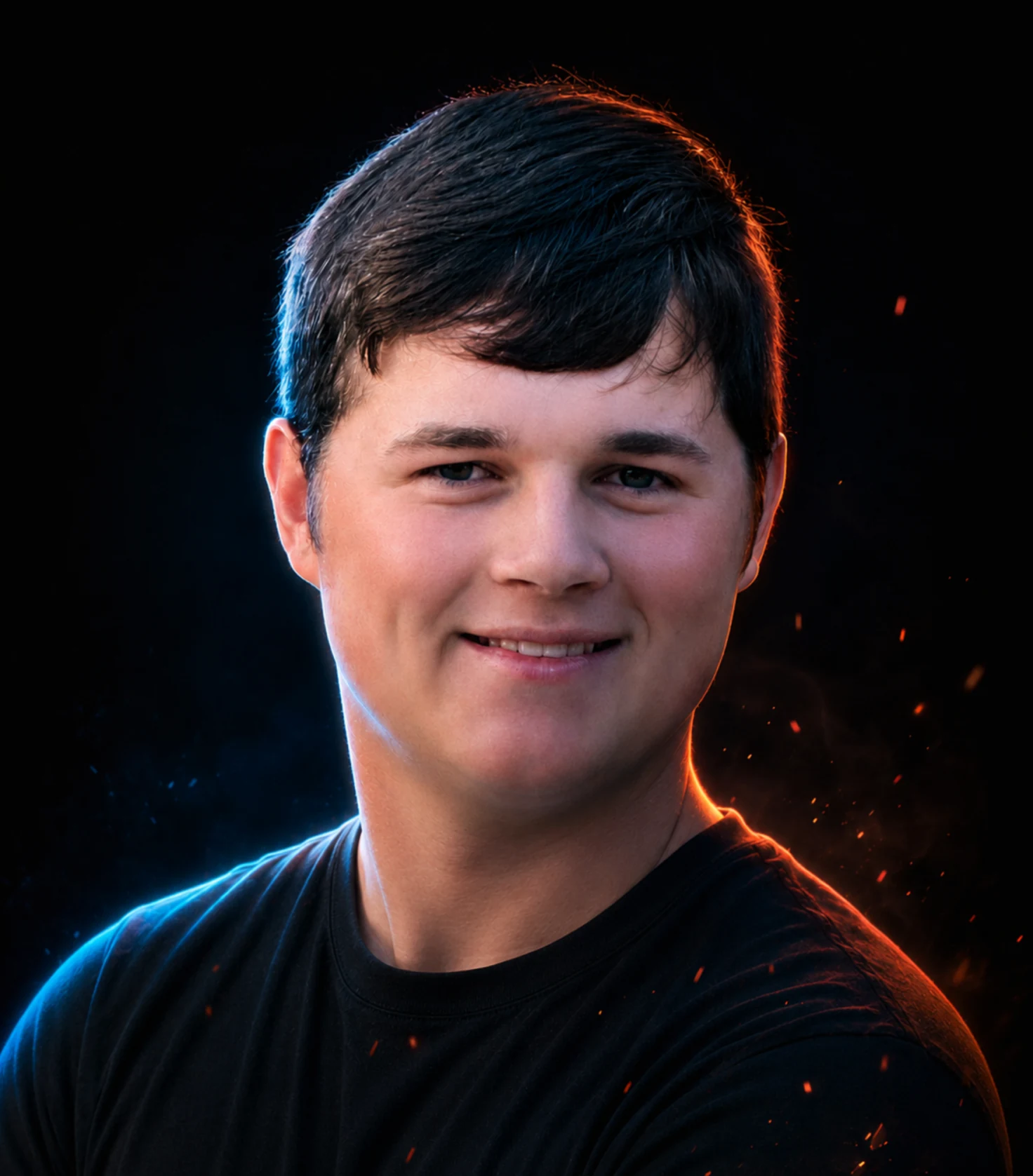 Portrait of Gavin, host of Teletraan Z, against a dark background with blue and orange lighting.